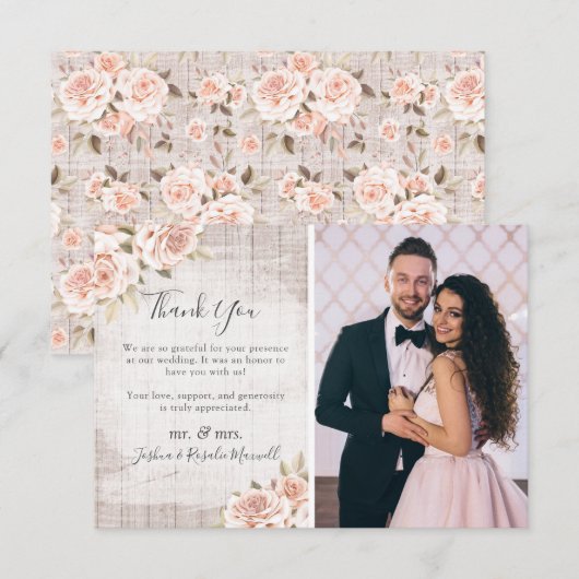Rustic Wood & Rozen Shabby Wedding Bedankt Foto (Voorkant / Achterkant)