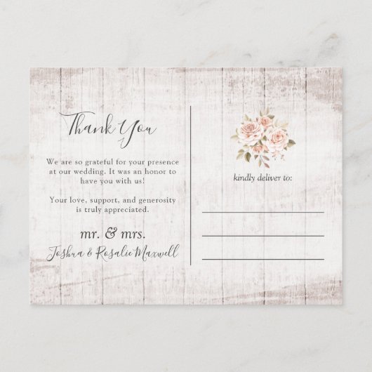 Rustic Wood & Rozen Shabby Wedding Bedankt Foto Briefkaart (Achterkant)