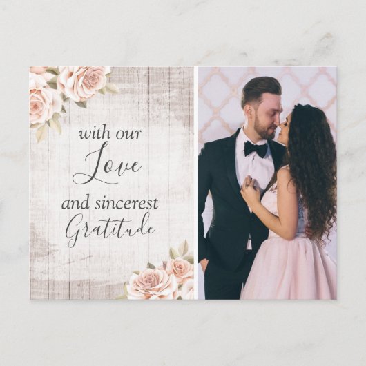 Rustic Wood & Rozen Shabby Wedding Bedankt Foto Briefkaart (Voorkant)