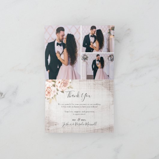 Rustic Wood & Rozen Wedding Hartelijk dank 4 foto Kaart (Binnen)