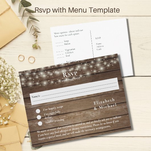Rustic Wood RSVP met menuSjabloon Briefkaart