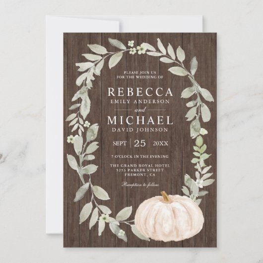 Rustic Wood Sage Greenery White Pumpkin Wedding Kaart (Voorkant)