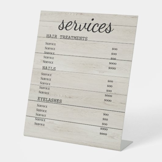 Rustic Wood Salon Service Menu Sign Reclamebord Met Voetstuk (Voorkant)
