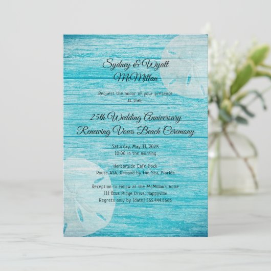 Rustic Wood Sand Dollars Vow Renewal Ceremony Kaart (Staand voorkant)