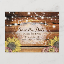 Rustic Wood Save the Date Briefkaart met zonnebloe