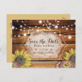 Rustic Wood Save the Date Briefkaart met zonnebloe (Voorkant / Achterkant)