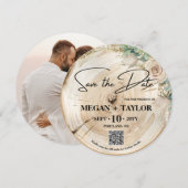 Rustic Wood Save the Date Photo Wedding QR Code Kaart (Voorkant / Achterkant)