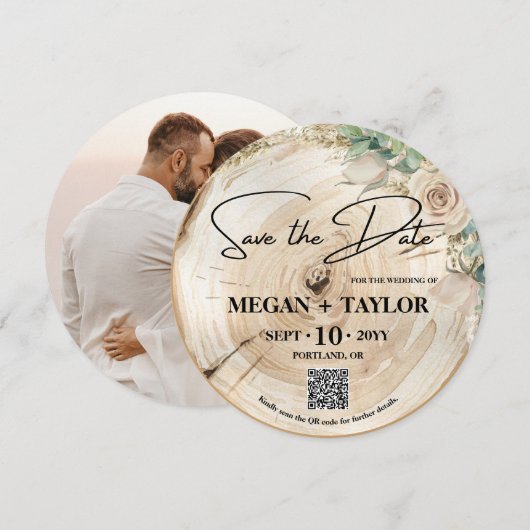 Rustic Wood Save the Date Photo Wedding QR Code Kaart (Voorkant / Achterkant)