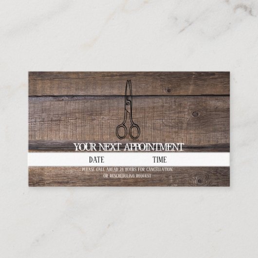 Rustic Wood Scissor Hair Salon Appointment Card Visitekaartje (Voorkant)
