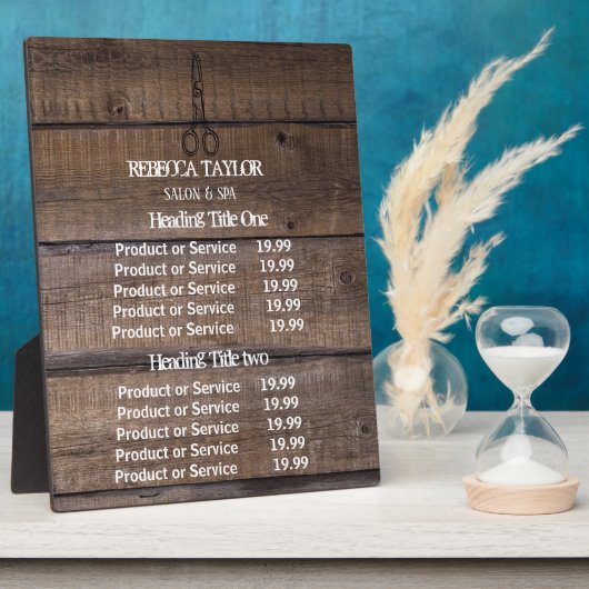 Rustic Wood Scissor Salon Pricing/Service Plaque Fotoplaat (Zijkant)