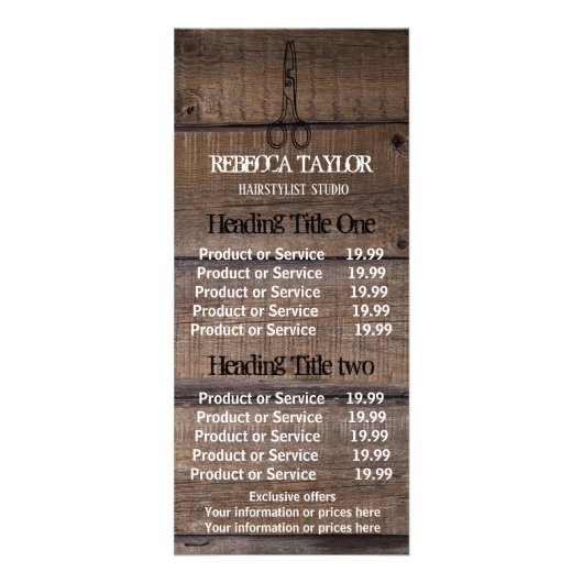 Rustic Wood Scissor Salon Pricing & Service Reclamekaart (Voorkant)