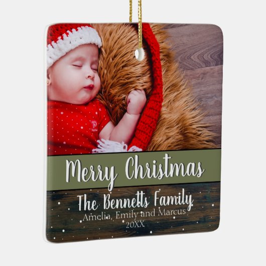 Rustic Wood Script Merry Kerstfeestdag foto Keramisch Ornament (Rechts)