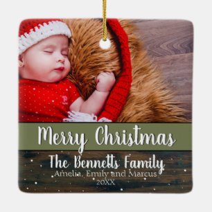 Rustic Wood Script Merry Kerstfeestdag foto Keramisch Ornament