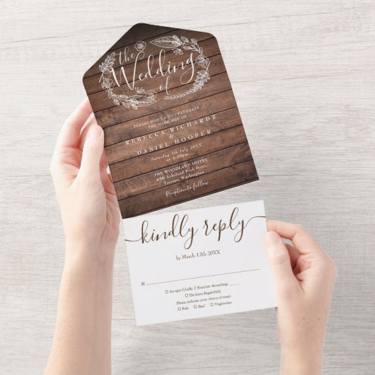 Rustic Wood Script Monogram Floral Wedding All In One Uitnodiging (Afscheurbaar)