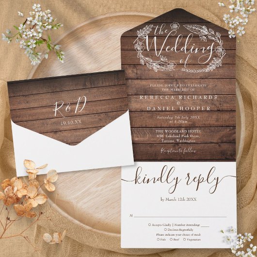Rustic Wood Script Monogram Floral Wedding All In One Uitnodiging