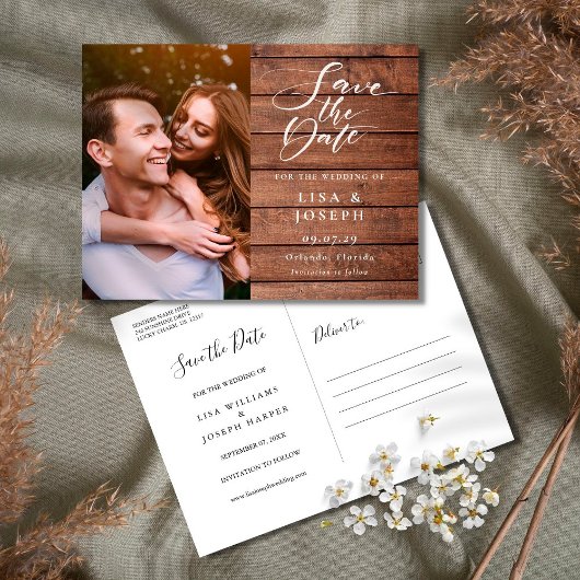 Rustic Wood Script Photo Weddenschap Save the Date Briefkaart