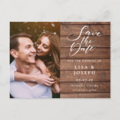 Rustic Wood Script Photo Weddenschap Save the Date Briefkaart (Voorkant)