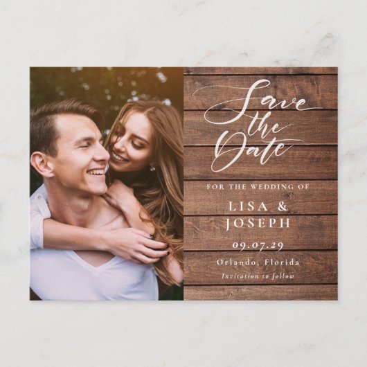 Rustic Wood Script Photo Weddenschap Save the Date Briefkaart (Voorkant)