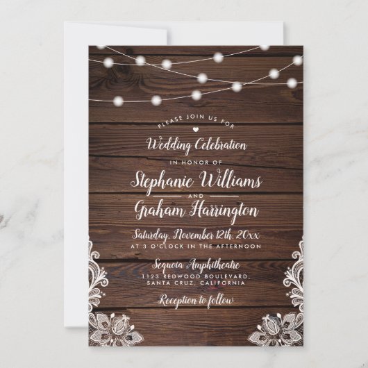 Rustic Wood Script String Lights & Lace Wedding Kaart (Voorkant)