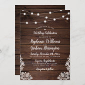 Rustic Wood Script String Lights & Lace Wedding Kaart (Voorkant / Achterkant)