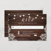 Rustic Wood Script String Lights & Lace Wedding RSVP Kaartje (Voorkant / Achterkant)