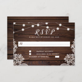 Rustic Wood Script String Lights & Lace Wedding RSVP Kaartje