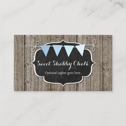 Rustic Wood & Shabby Chic Chalkboard Blue Bunting Visitekaartje (Voorkant)
