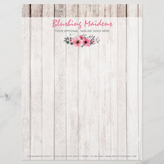 Rustic Wood Shabby Chic Pink Roses Anemone Floral Persoonlijk Briefhoofd (Voorkant)