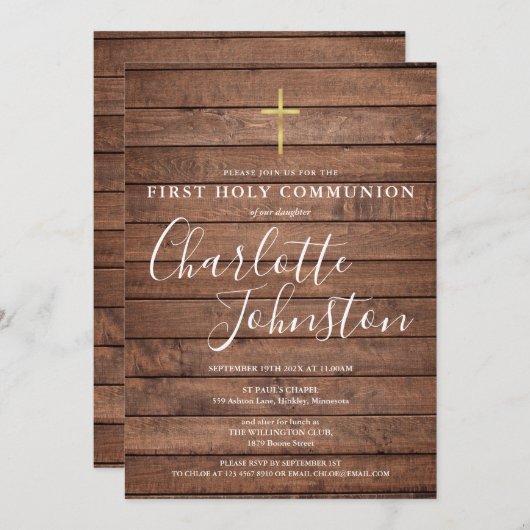 Rustic Wood Signature Script First Heilige Communi Kaart (Voorkant / Achterkant)