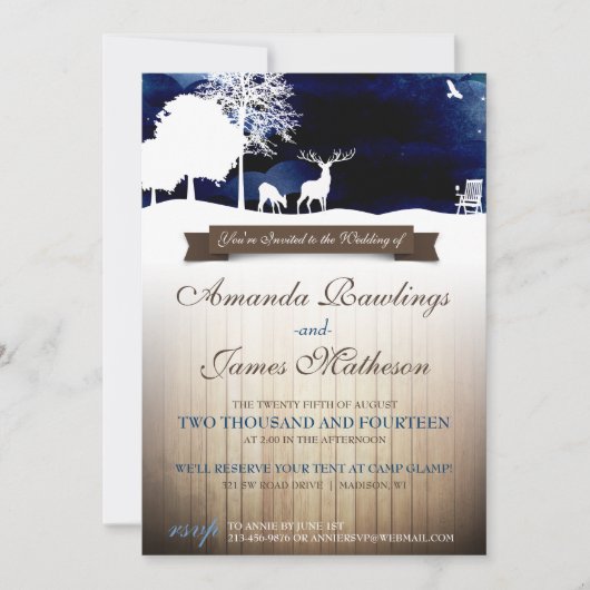 Rustic Wood & Silhouettes Campground Wedding Invit Kaart (Voorkant)