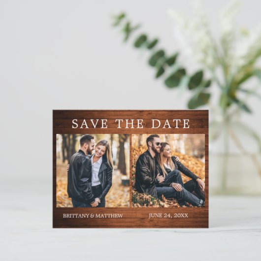 Rustic Wood Simple 2 foto Opslaan van de datum Briefkaart (Staand voorkant)