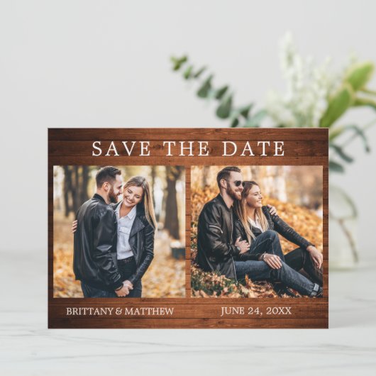 Rustic Wood Simple 2-foto Save The Date (Staand voorkant)
