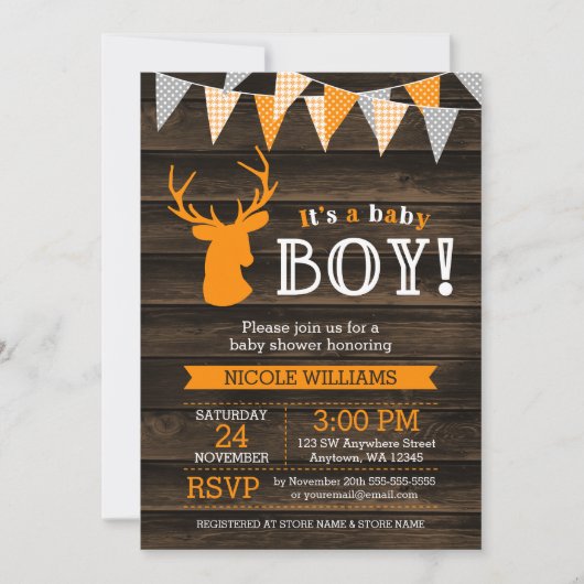Rustic Wood Sinaasappel Deer Boy Baby shower Uitno Kaart (Voorkant)