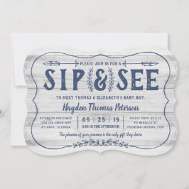 Rustic Wood Sip and See Baby shower Invitation Kaart