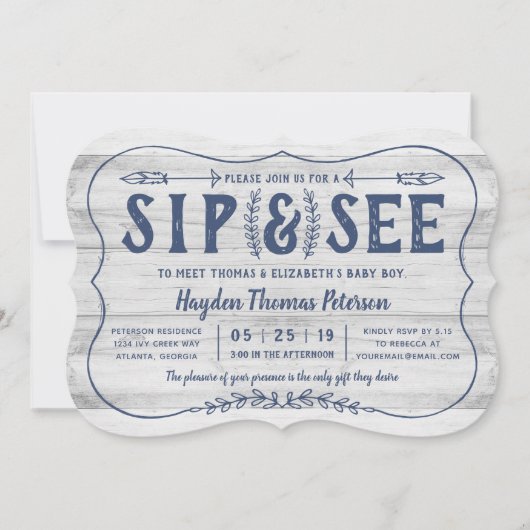 Rustic Wood Sip and See Baby shower Invitation Kaart (Voorkant)