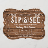 Rustic Wood Sip and See Baby shower Invitation Kaart (Voorkant / Achterkant)