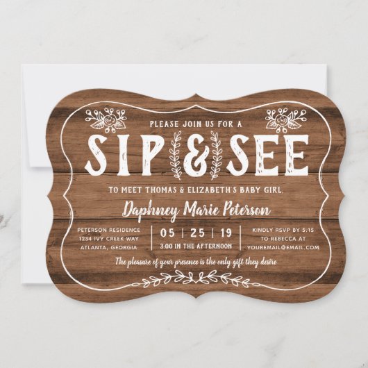 Rustic Wood Sip and See Baby shower Invitation Kaart (Voorkant)