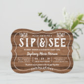Rustic Wood Sip and See Baby shower Invitation Kaart (Staand voorkant)
