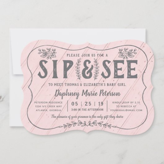 Rustic Wood Sip and See Baby shower Invitation Kaart (Voorkant)