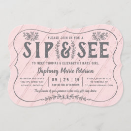 Rustic Wood Sip and See Baby shower Invitation Kaart