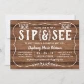 Rustic Wood Sip and See Baby shower Invitation Kaart (Voorkant)