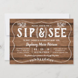 Rustic Wood Sip and See Baby shower Invitation Kaart