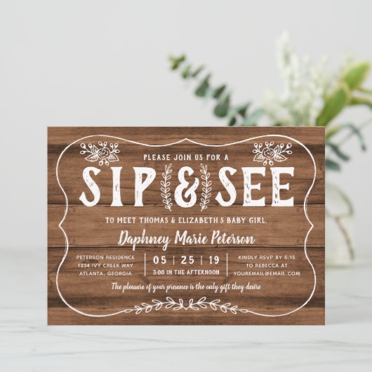 Rustic Wood Sip and See Baby shower Invitation Kaart (Staand voorkant)