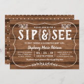 Rustic Wood Sip and See Baby shower Invitation Kaart (Voorkant / Achterkant)