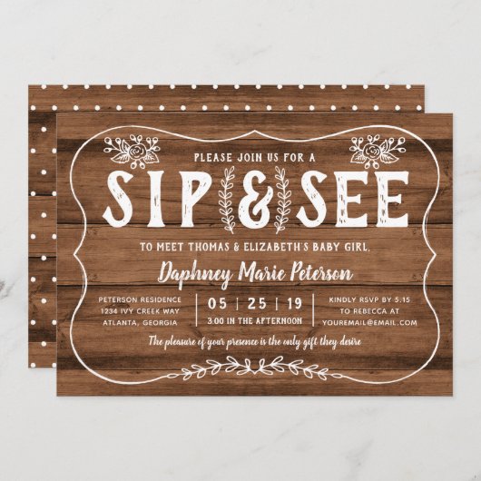 Rustic Wood Sip and See Baby shower Invitation Kaart (Voorkant / Achterkant)