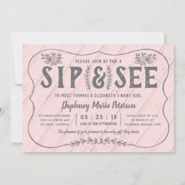 Rustic Wood Sip and See Baby shower Invitation Kaart