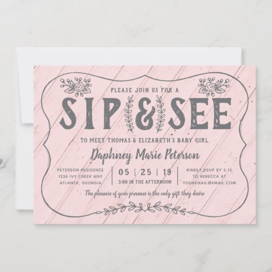 Rustic Wood Sip and See Baby shower Invitation Kaart (Voorkant)