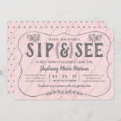 Rustic Wood Sip and See Baby shower Invitation Kaart (Voorkant / Achterkant)