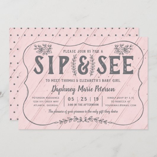 Rustic Wood Sip and See Baby shower Invitation Kaart (Voorkant / Achterkant)