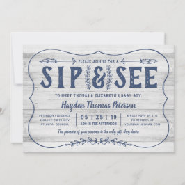 Rustic Wood Sip and See Baby shower Invitation Kaart